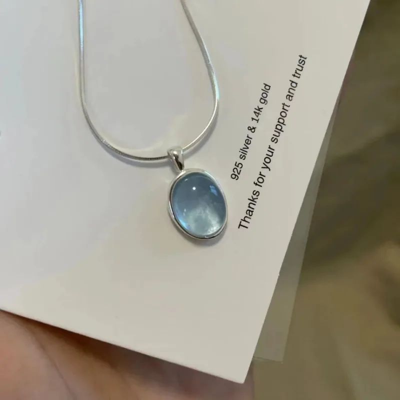 Simple Oval Aquamarine Moonstone Pendant Necklace for Women Girls Luxury Snake Chain Necklace Fashion Collar Jewelry Gifts