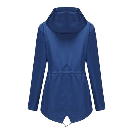 Blue Waterproof Hooded Jacket Women Fashion Casual Coat Waist Drawstring Tie Zipper Switch Red Green Yellow Black Windbreaker