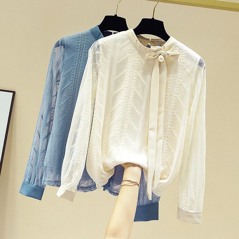 Women Blouse Shirt New Long Sleeve Stand Collar Elegant Lace-up Blouse Shirt Women Tops Blouses Shirts Blusas Camisas 2025 Q687