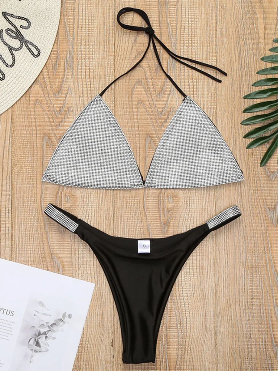 Halter Jewelled Sequins Diamond Bikini Women Swimsuit Female Swimwear Two Pieces Bikini Set Mini Micro Bathing Suit Swim Lady