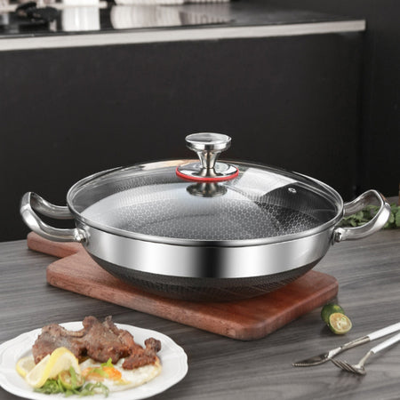 32cm 304 Stainless Steel Frying Pan Food Grade Non Stick Pan Honeycomb Pot Bottom Induction Cooker Gas Stove General Wok