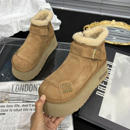 2024 New Fur Platform Women Ankle Boots Flats Suede Warm Shoes Woman Trend Designer Brand Short Plush Cozy Femme Snow Botas
