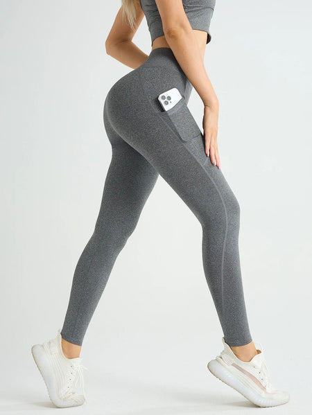 New High Waist Women's Leggings Stretch Yoga Pants Tights With Pockets Push Up Fitness Running Sportswear Solid Color Pants