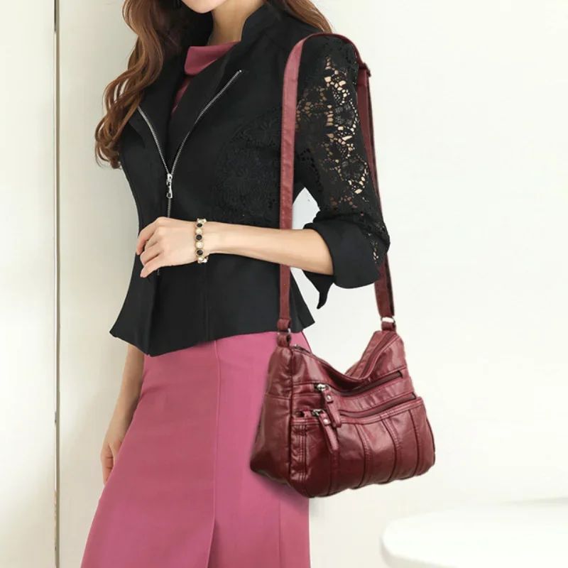 Fashion Soft Leather Crossbody Bags for Women 2025 Casual Female Multi Pocket Messenger Bags Retro Handbags Ladies Shoulder Bags