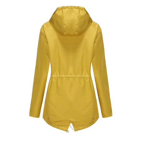 Blue Waterproof Hooded Jacket Women Fashion Casual Coat Waist Drawstring Tie Zipper Switch Red Green Yellow Black Windbreaker