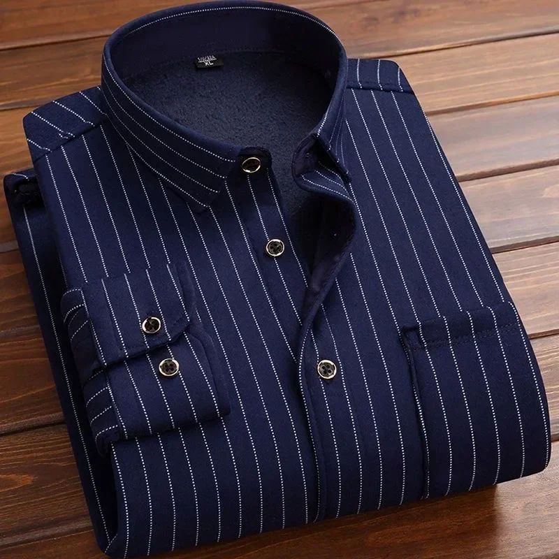 2025 Men's Winter Warm Long Sleeve Plaid Shirts Flannel Fur Lined Thick Formal Shirts Fleece Casual Shirt for Men Dress Shirts