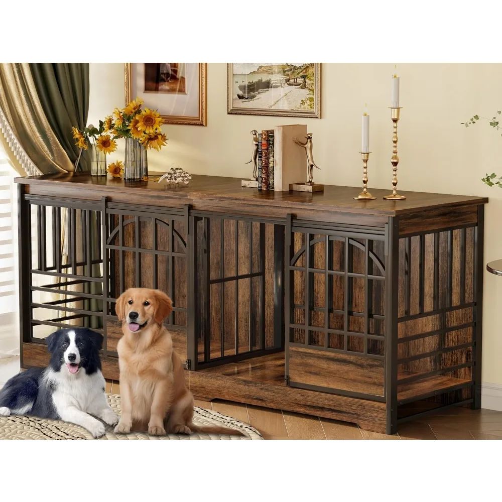 Double Dog Crate Furniture, Extra Large Dog Kennel Indoor with Divider, Heavy Duty Dog Cage for 2 Dogs, Decorative