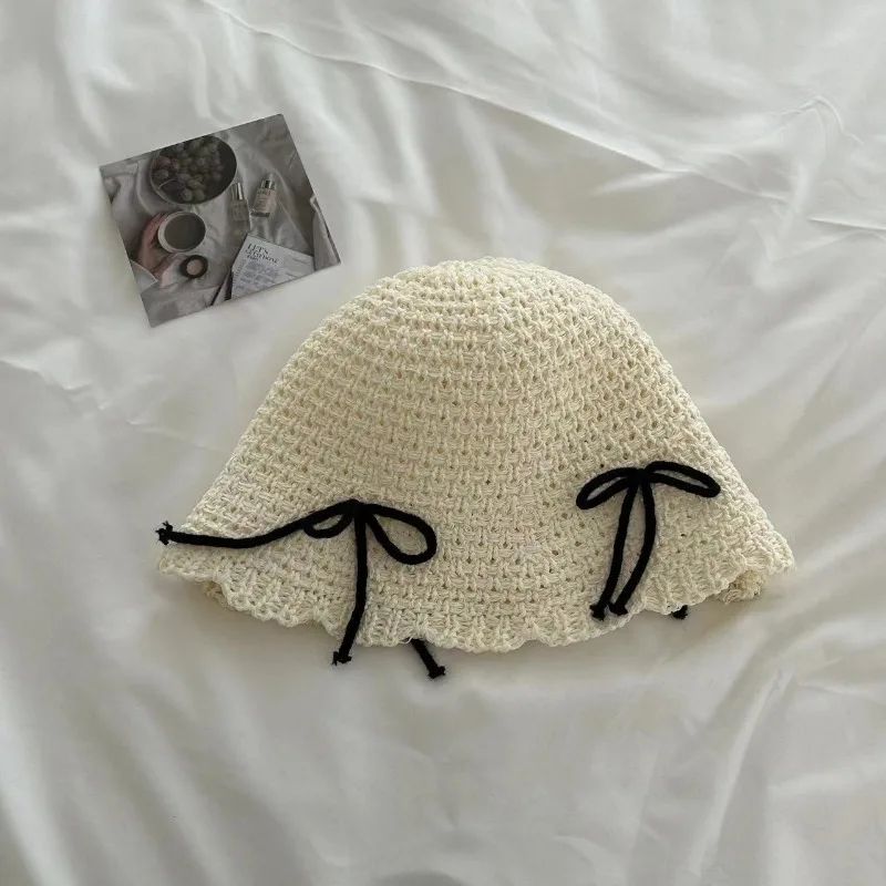 Korean Ins Bow Spring and Summer Fashion Sweet Bucket Hat Outdoor Sunshade Knitted Solid Color Straw Breathable Women Sun Hats