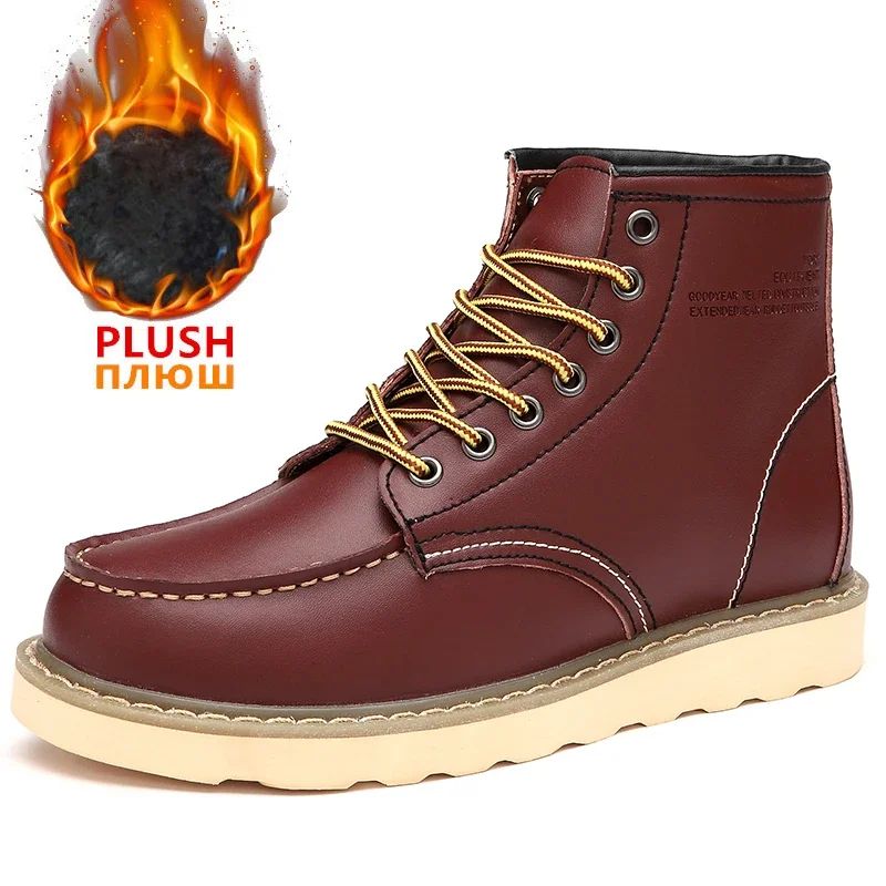 Winter Warm Men Boots Leather Mens Snow Boots with Fur Handmade Waterproof Male Ankle Boots No-slip High Top Male Work Shoes