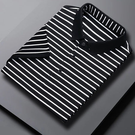 2024 Men's New Striped Cotton Business Casual Short Sleeved POLO Shirt Fashion Short Sleeved Comfortable and Breathable Top