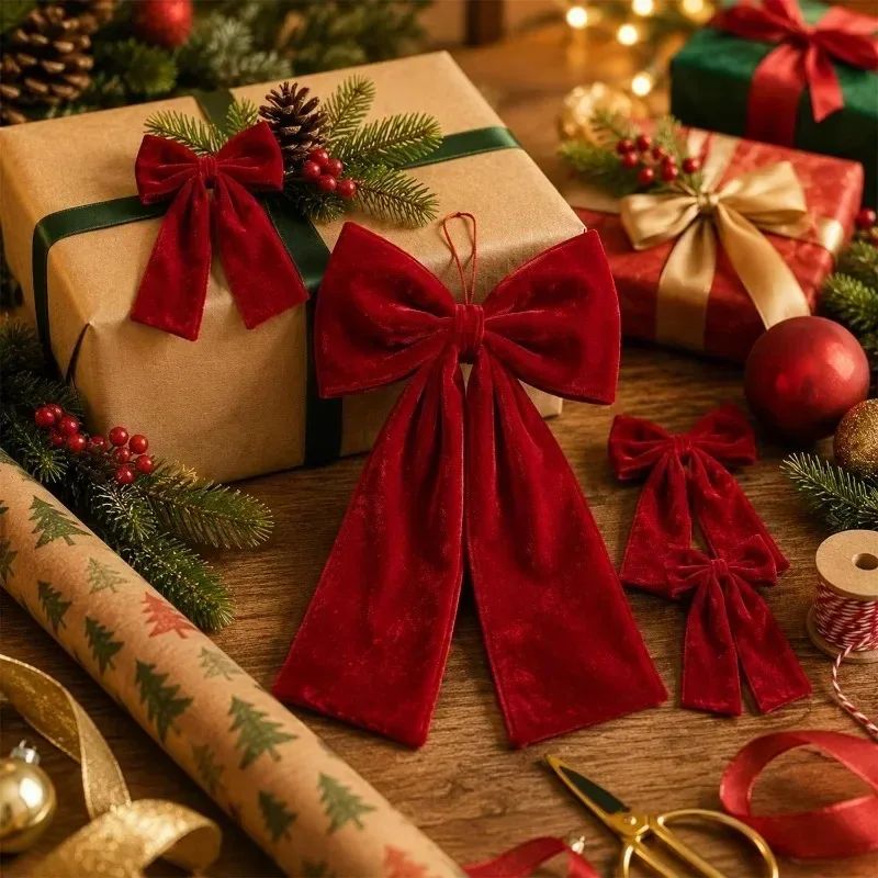 Luxury Plush Velvet Burgundy Bow Decoration for Christmas Tree Topper Garland Mantel Gift Wrapping Vintage Xmas Hanging Pendant