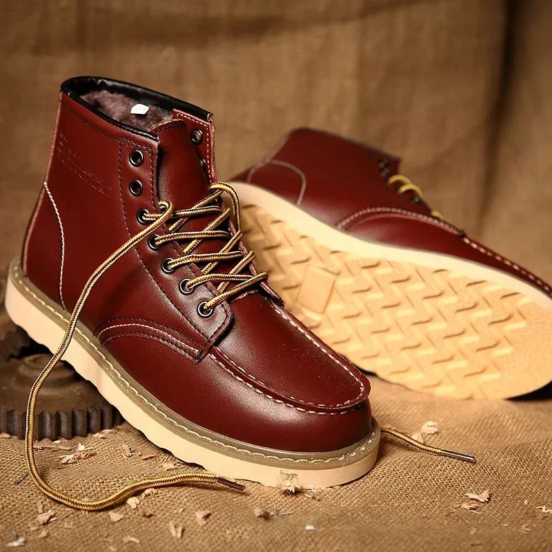 Winter Leather Men Boots Warm Mens Snow Boots with Fur Waterproof Handmade Male Ankle Boots No-slip High Top Male Work Shoes
