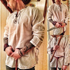 Knight Style Men's Ancient Viking Linen Shirt Medieval Cosplay Costume Men Long Sleeved Embroidery Retro T-shirt