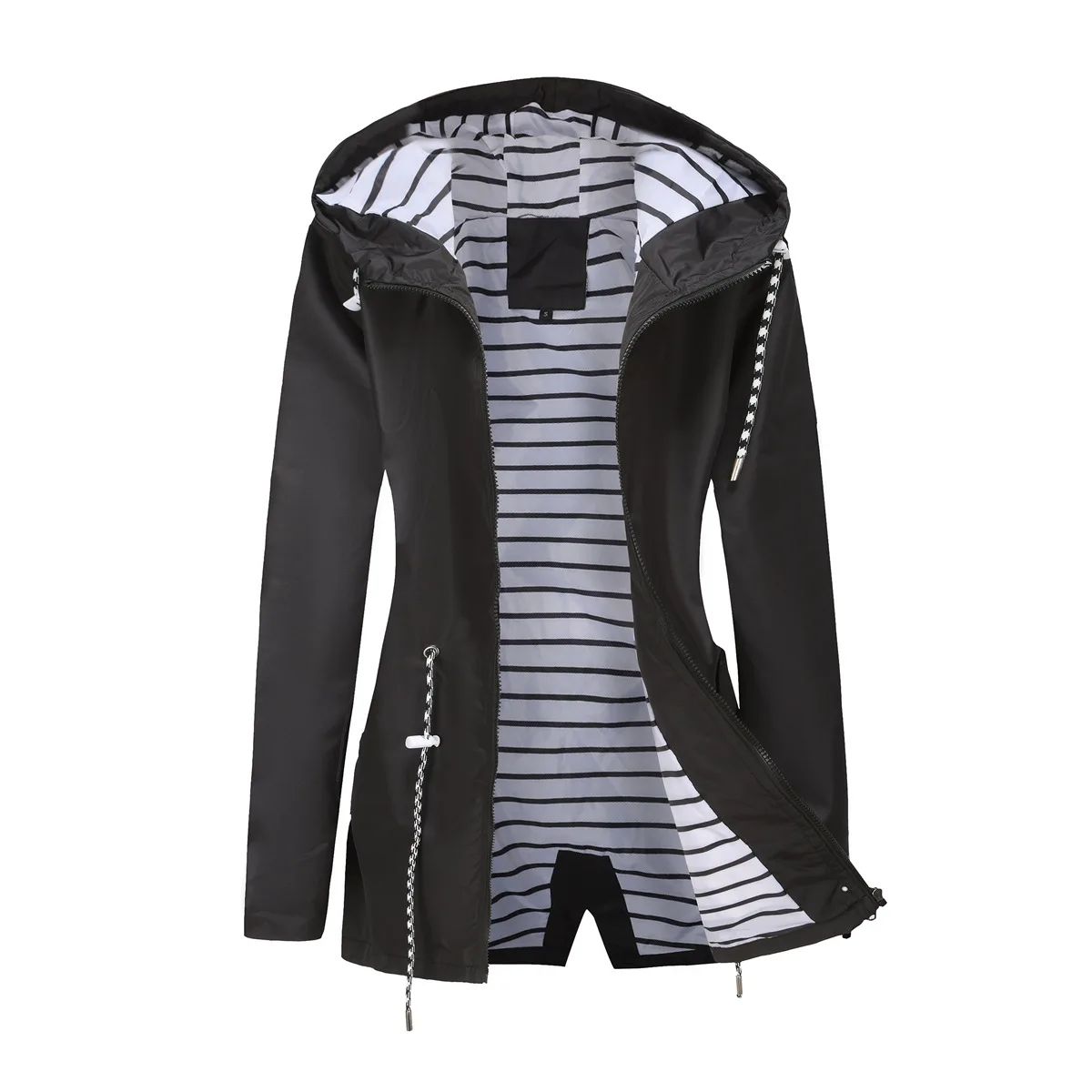 Blue Waterproof Hooded Jacket Women Fashion Casual Coat Waist Drawstring Tie Zipper Switch Red Green Yellow Black Windbreaker