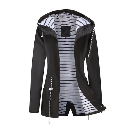 Blue Waterproof Hooded Jacket Women Fashion Casual Coat Waist Drawstring Tie Zipper Switch Red Green Yellow Black Windbreaker
