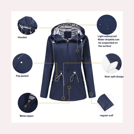 Blue Waterproof Hooded Jacket Women Fashion Casual Coat Waist Drawstring Tie Zipper Switch Red Green Yellow Black Windbreaker