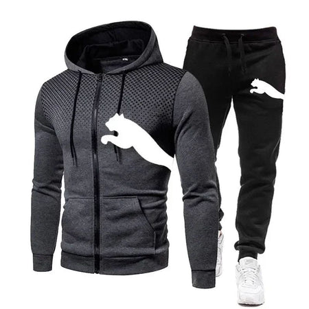 The new outdoor casual sportswear for men features a fashionable zippered hooded jacket, a two-piece sweatshirt and sweatpants