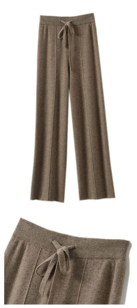 High Waist Wide Leg Pants Mid-Seam Knitted Trousers Drawstring Waist Belted Floor-Length Pure Color Versatile Autumn Winter Casu