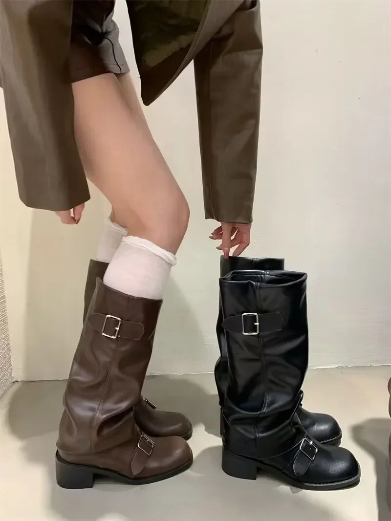 Woman Boots Knee High Platform Chunky Heels Trend Punk Gothic New Rock Leather Fashion Women's Shoes Motorcycle Footwear