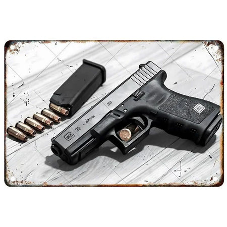 GUNHERO Pistol Metal Wall Signs - Bold Military Style - Perfect Decor for Man Caves, Homes, Bars & Garden Spaces