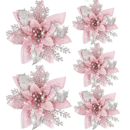 5pcs 14.5cm Glitter Artifical Christmas Flowers Mreey Christmas Tree Decoration Happy New Year Ornaments Xmas Fake Flowers natal