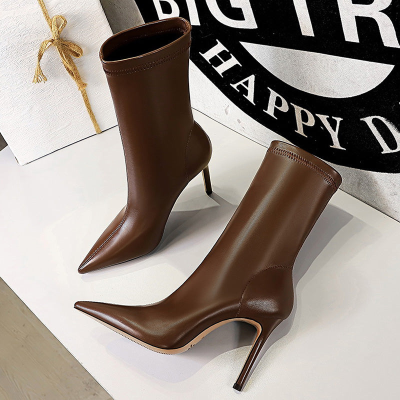 Women 7.5cm 10cm High Heels Leather Boots Lady Low Heels Short Ankle Boots Stripper Winter Warm Snow Plush Pointed Toe Shoes