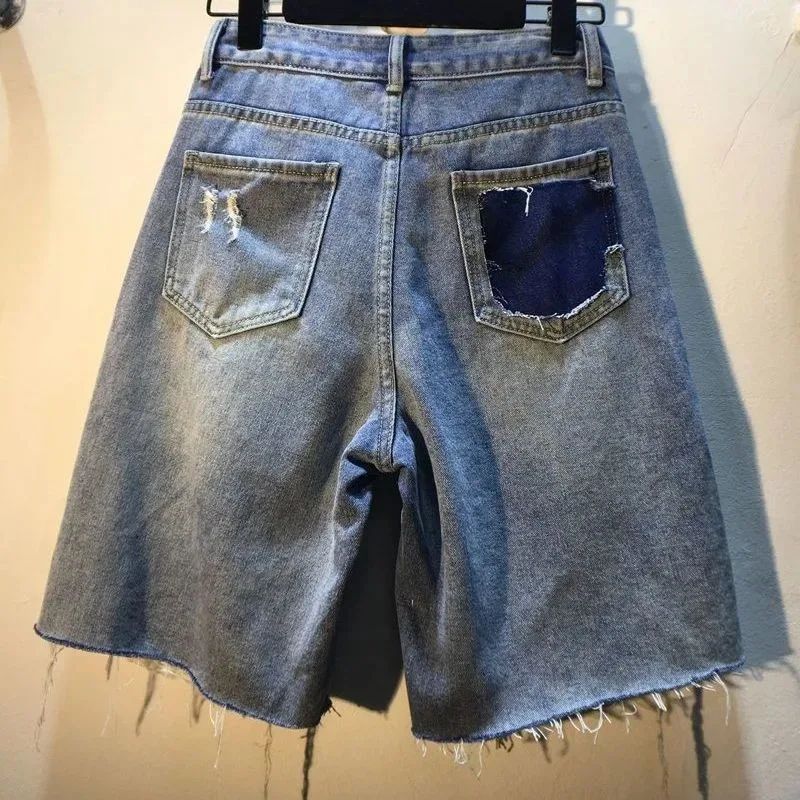 2025 Summer Short Pants High Waist Jeans Hole Shorts Women Stretch Distressed Washed Diamonds Streetwear Straight Denims