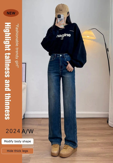 Winter Thickened Women's Mink Velvet Jeans Loose Straight Warm Soft Fleece Fashion Elastic High Waist Female Pants Black Blue