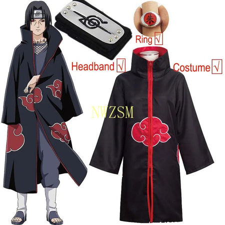 Kakashi Cosplay Costume Akatsuki Cloak Uchiha Itachi Sharingan Headband Necklace Ring Kunai Pain Halloween Costume for Men Kids