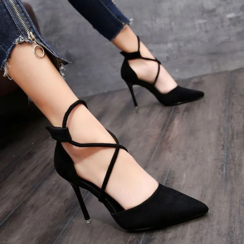 New Cross-strap Roman Sandals Suede High Heels Women's Shoes One-line Buckle Fine Heel Pointed Sandals Zaptos Mujer