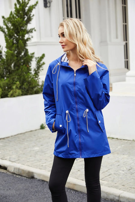 Blue Waterproof Hooded Jacket Women Fashion Casual Coat Waist Drawstring Tie Zipper Switch Red Green Yellow Black Windbreaker