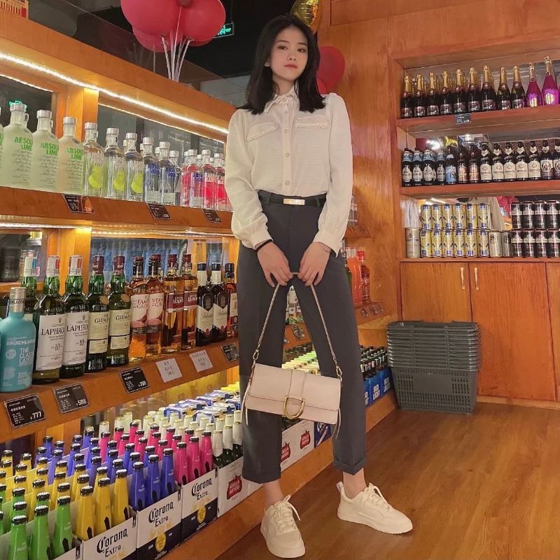 Elegant Summer Casual Pants Women Fashion Solid Color Sashes  Slim Straight Trousers Chic Business Mujer Retro Belt Korean Style
