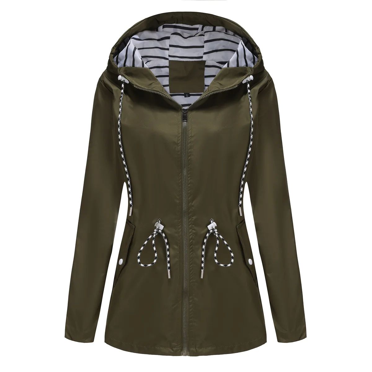 Blue Waterproof Hooded Jacket Women Fashion Casual Coat Waist Drawstring Tie Zipper Switch Red Green Yellow Black Windbreaker