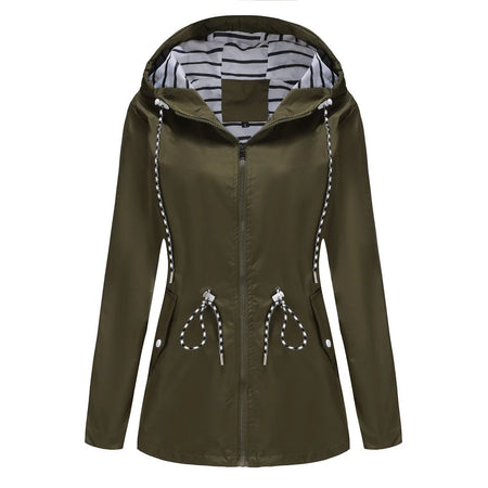 Blue Waterproof Hooded Jacket Women Fashion Casual Coat Waist Drawstring Tie Zipper Switch Red Green Yellow Black Windbreaker