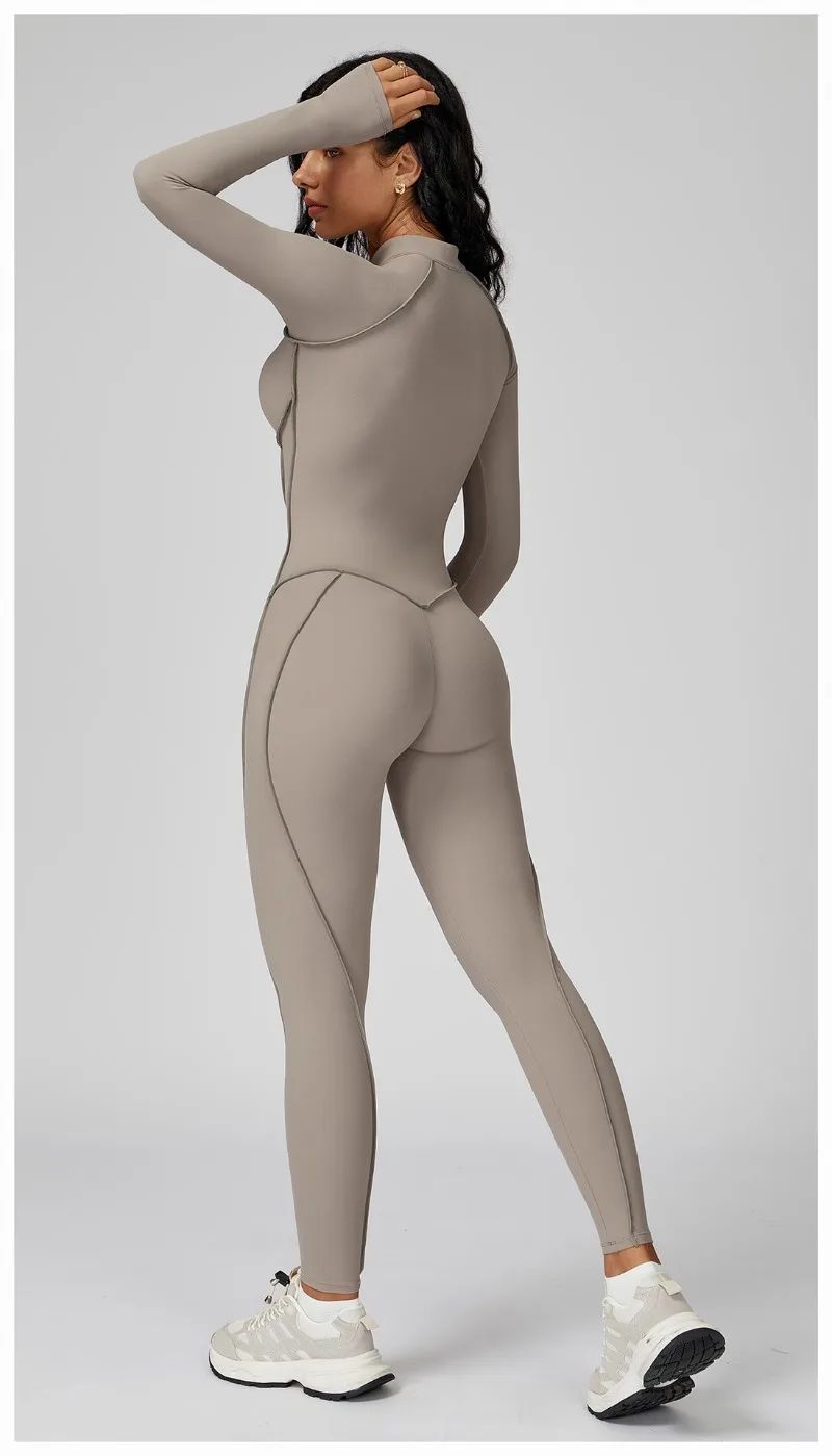 Women's Yoga Jumpsuit Long Sleeved Stand Collar Half Zip High-Intensity Workout One Piece Contrast Color Gym Fitness BodySuit