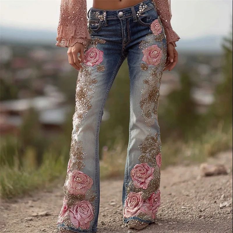 Women's Floral Embroidered High Waist Flared Jeans Vintage Boho Wide Leg Denim Pants for Party and Daily Outfits