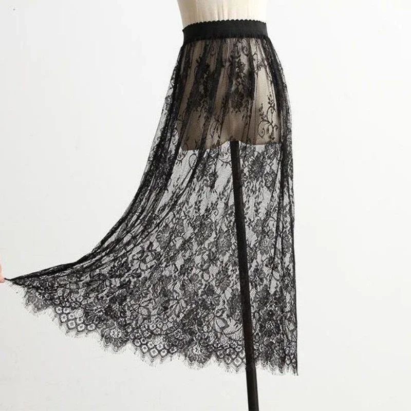 Transparent Sexy Lace Mesh Skirt Elastic High Waist Black White Tulle  Mini Skirts Womens Skirt  Korean Fashion