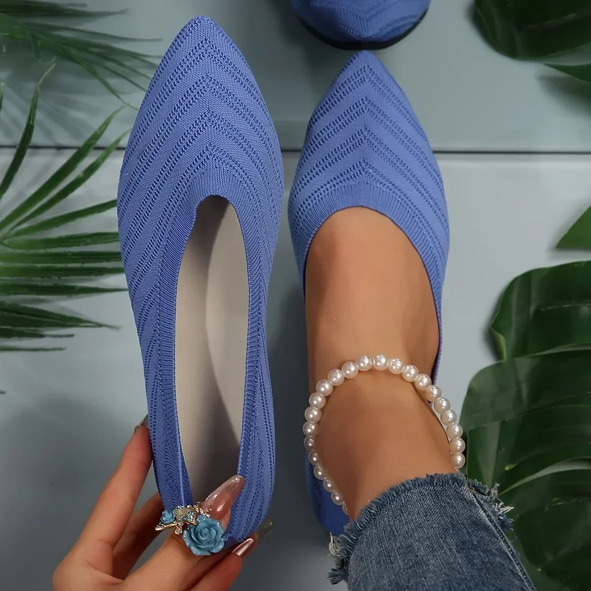 Women's Pointed Toe Flat Shoes Solid Color Knitted Slip on Shoes Casual Breathable Ballet Flats Women Flat Shoes Loafers Women