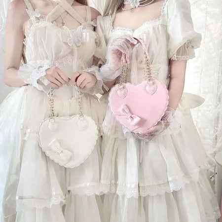 PU Heart Lolita Handbags Girls Bowknots Decor Japanese Shoulder Bags Two Sized Kawaii Shell Purses Cute Pink Messenger Bag Gifts
