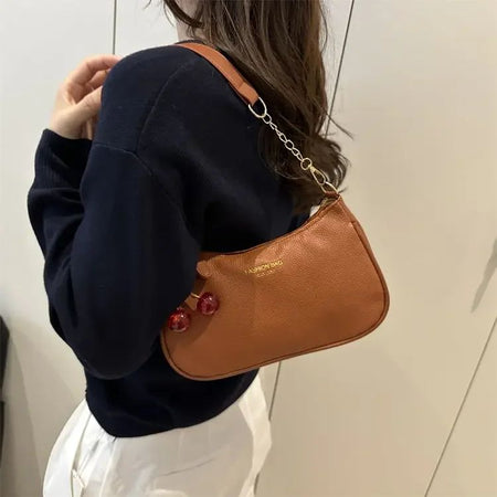 Cherry Pedant Shoulder Underarm Bag Women's Fashion Handbags Causal Hobos Purses Ladies Hand Bags Pu Leather for Work Travel