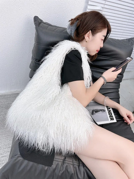 2025 NEW Wool Women's Plush Shoulder Bags Y2k Hot Girls Faux Fur Drawstring Bucket Bag Fashion Female Furry Purse Tote Handbags