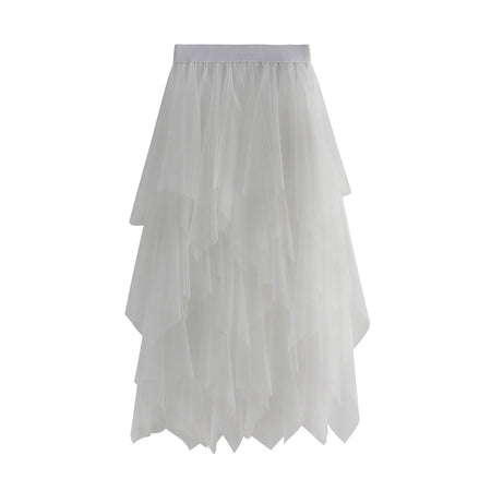 New Fairycore Lady ´s Fashionable Sexy Solid Color Mesh Skirt, Irregular Elastic Tulle Bubble Skirt, Daily Life and Vacation