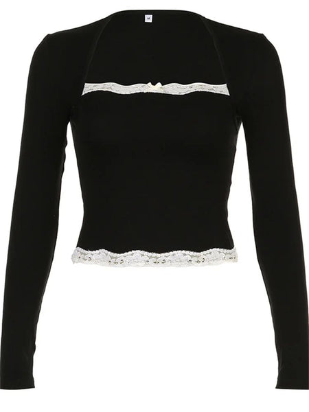 Women Spring Autumn Tops Lace Trim Square Neck Long Sleeve Slim Fit Blouse Gothic Grunge Shirts Y2K Aesthetic Kawaii Clothes