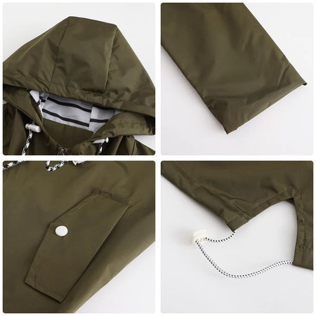 Blue Waterproof Hooded Jacket Women Fashion Casual Coat Waist Drawstring Tie Zipper Switch Red Green Yellow Black Windbreaker
