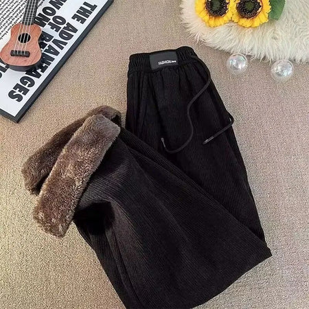 Velvet high waisted wide leg pants women winter new streetwear thickened lambskin corduroy pants lazy joggers women casual pants