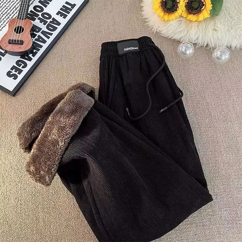 Velvet high waisted wide leg pants women winter new streetwear thickened lambskin corduroy pants lazy joggers women casual pants