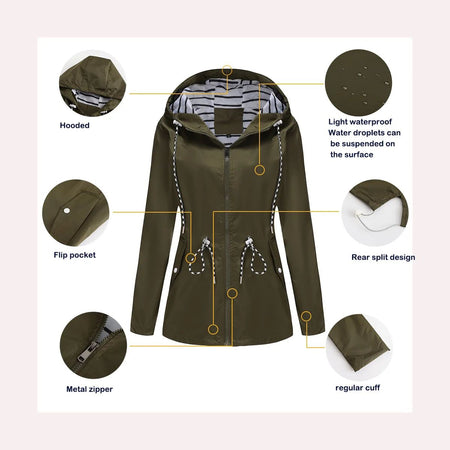 Blue Waterproof Hooded Jacket Women Fashion Casual Coat Waist Drawstring Tie Zipper Switch Red Green Yellow Black Windbreaker