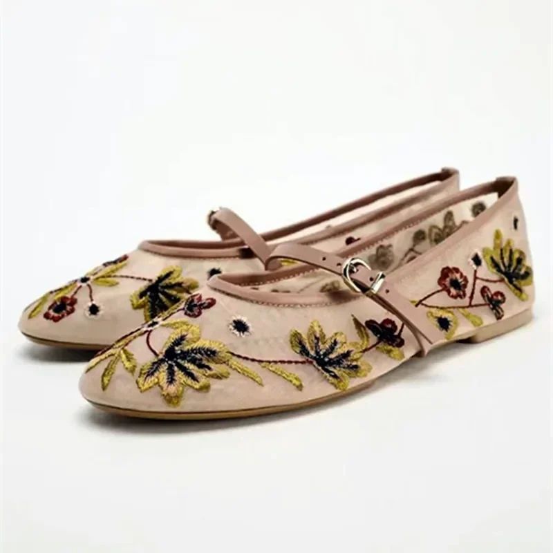 New Mesh Breathable Ballet Flats Women Luxury Designer Embroidered Flower Mary Jane Shoes Light Comfort Low Heeled Summer Flats
