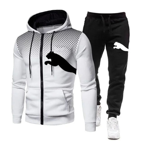 The new outdoor casual sportswear for men features a fashionable zippered hooded jacket, a two-piece sweatshirt and sweatpants