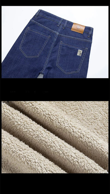 2025 New Classic  Men's Business Casual Velvet Jeans Winter Chinese Embroidery Straight Loose Warm Thick Pants